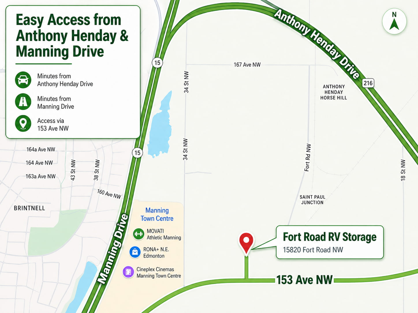 Access map showing Fort Road RV Storage at 15820 Fort Road NW in Edmonton, with Anthony Henday Drive, Manning Drive, and access from 153 Ave NW clearly labeled